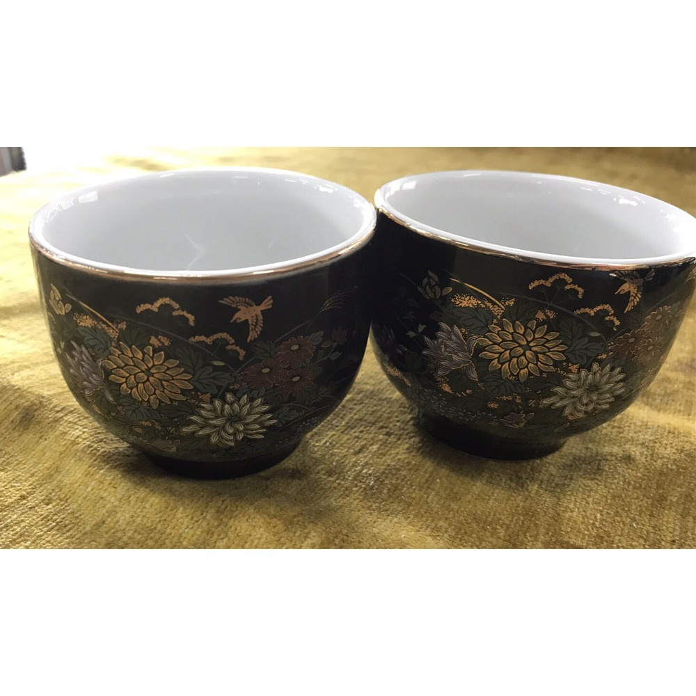Antique Red Letter Made In Japan Black Floral Sake Cups (2)